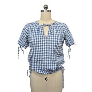 Madewell Blue Gingham Tie Front‎ Puff Sleeve Crop Top Womens Size XS Cottagecore